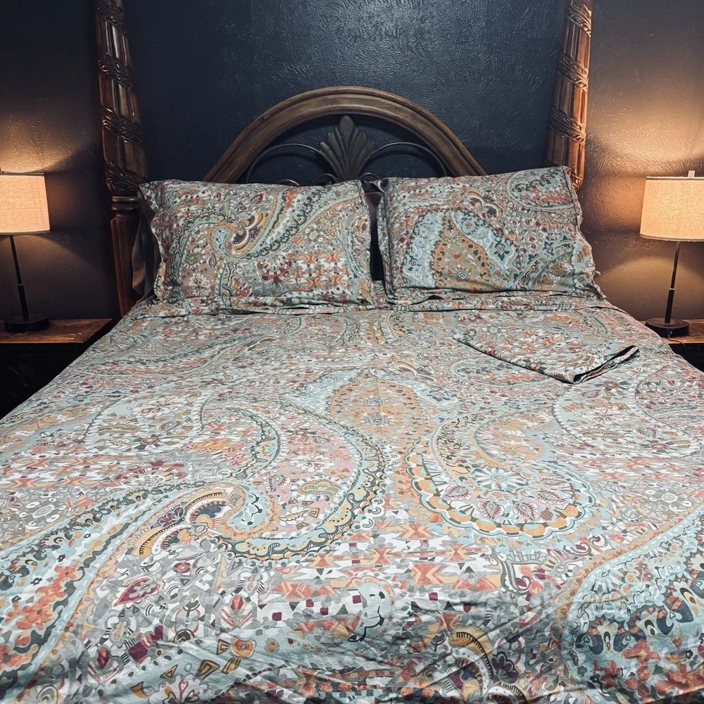 Pottery Barn Paloma Paisley Duvet Set w/ 3 Euro Shams Boho Aqua Coral Red- King